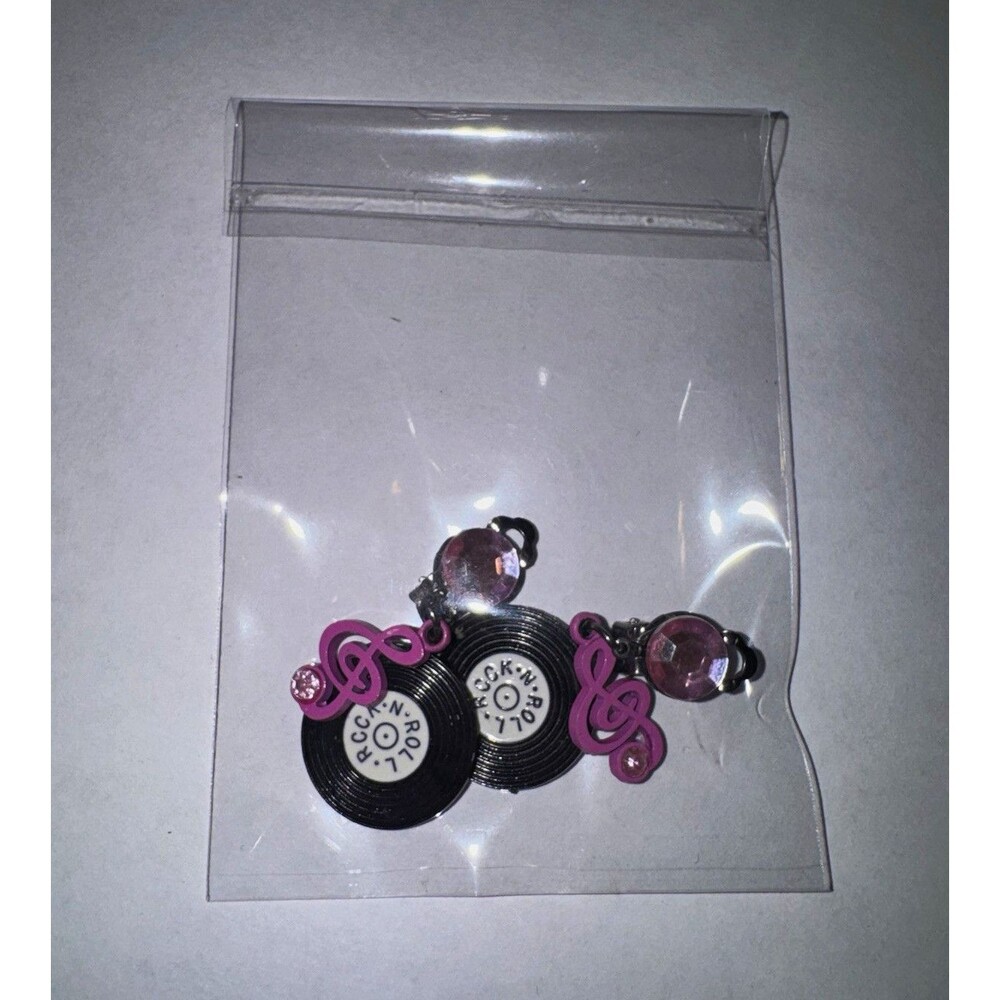 Black Pink Music Theme Record & Treble Clef Dangle/Drop Clip-On Earrings